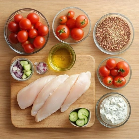Step-by-step preparation of Zesty Greek Chicken Bowls showing ingredients and initial cooking steps