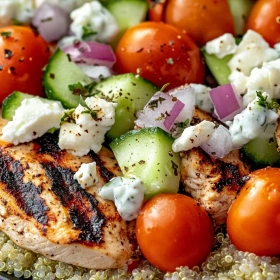 Close-up of Zesty Greek Chicken Bowls showing texture, layers, and glossy finish