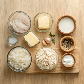 Step-by-step preparation of Savory French Onion Chicken Rice Bake showing ingredients and initial cooking steps