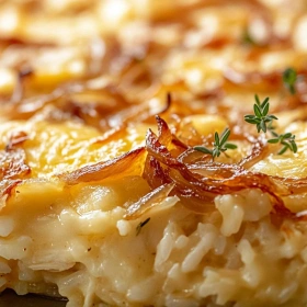 Close-up of Savory French Onion Chicken Rice Bake showing texture, layers, and glossy finish
