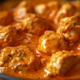 Close-up of Quick and Easy Butter Chicken showing texture, layers, and glossy finish