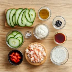 Step-by-step preparation of California Roll Cucumber Salad showing ingredients and initial cooking steps