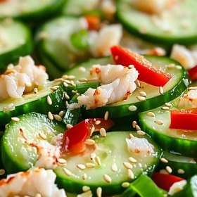 Close-up of California Roll Cucumber Salad showing texture, layers, and glossy finish