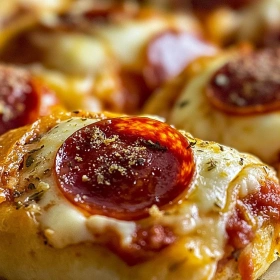 Close-up of High Protein Pepperoni Pizza Rolls showing texture, layers, and glossy finish