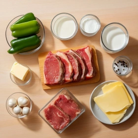 Step-by-step preparation of Savory Philly Cheesesteak Soup showing ingredients and initial cooking steps