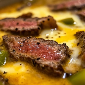 Close-up of Savory Philly Cheesesteak Soup showing texture, layers, and glossy finish