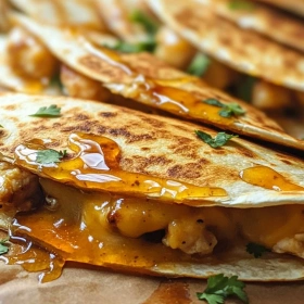 Close-up of Cheesy Hot Honey Chicken Quesadillas showing texture, layers, and glossy finish