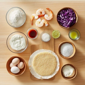 Step-by-step preparation of Crispy Air Fryer Bang Bang Shrimp Tacos showing ingredients and initial cooking steps