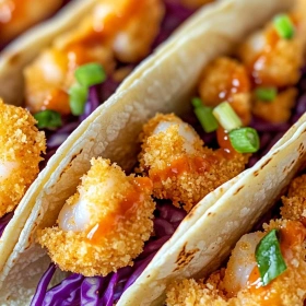 Close-up of Crispy Air Fryer Bang Bang Shrimp Tacos showing texture, layers, and glossy finish