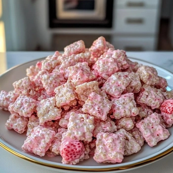 Perfectly cooked Fluffy Strawberry Shortcake Puppy Chow served and ready to eat - final result