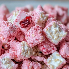 Close-up of Fluffy Strawberry Shortcake Puppy Chow showing texture, layers, and glossy finish
