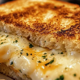 Close-up of Garlic Bread Grilled Cheese Delight showing texture, layers, and glossy finish