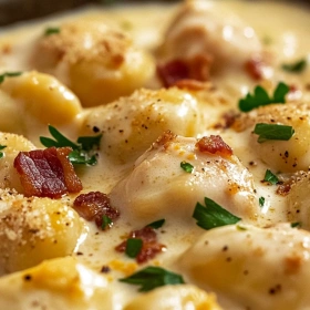 Close-up of Creamy Crack Chicken Gnocchi showing texture, layers, and glossy finish