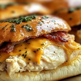 Close-up of Savory Chicken Bacon Ranch Sliders showing texture, layers, and glossy finish