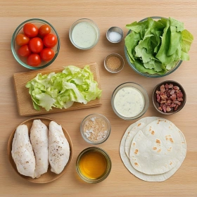 Step-by-step preparation of Ultimate Chicken Caesar Wraps showing ingredients and initial cooking steps