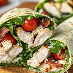 Close-up of Ultimate Chicken Caesar Wraps showing texture, layers, and glossy finish