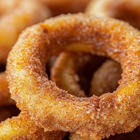 Close-up of Crispy Air Fryer Cinnamon Apple Rings showing texture, layers, and glossy finish