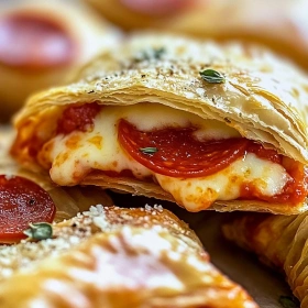 Close-up of Crispy Air Fryer Pepperoni Pockets showing texture, layers, and glossy finish