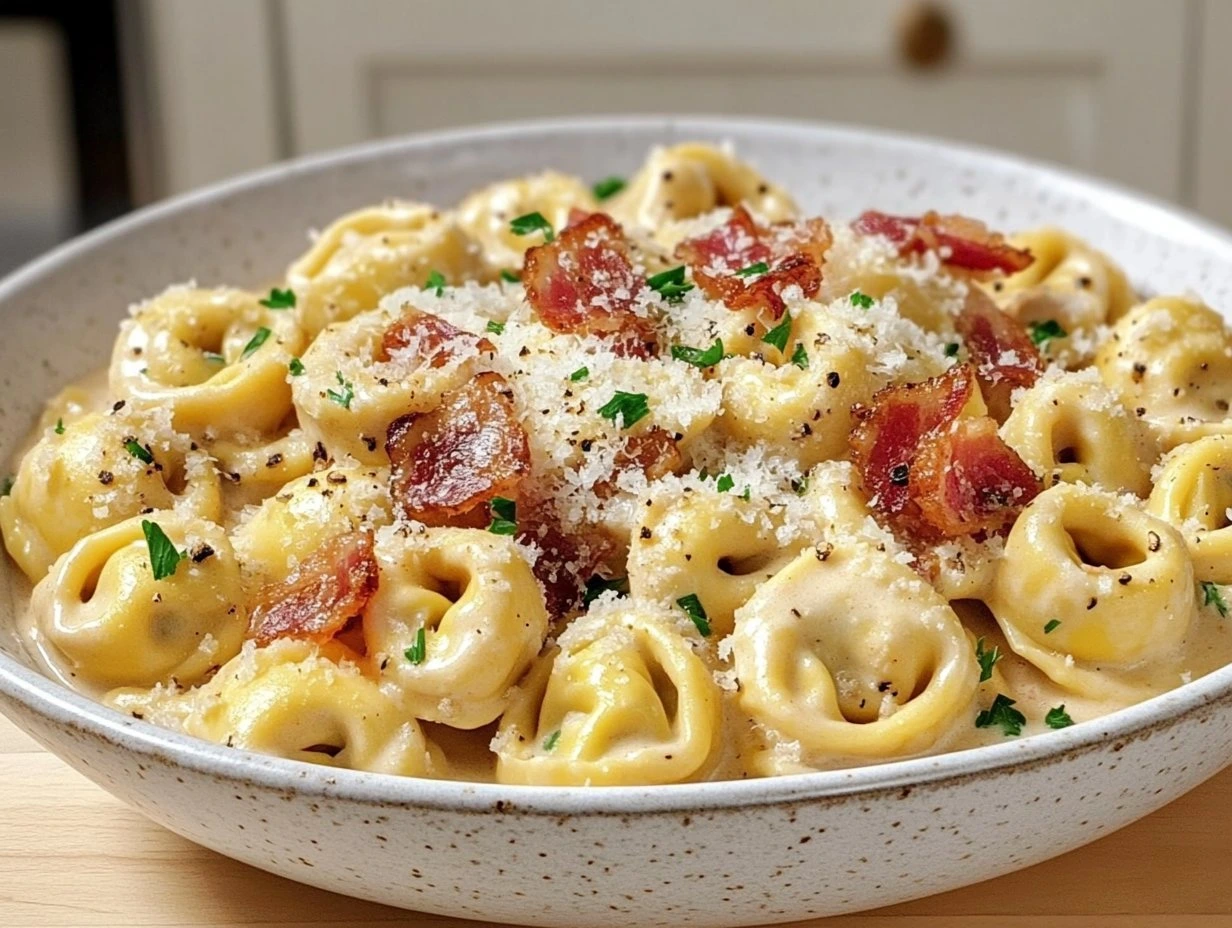 Perfectly cooked Creamy Tortellini Carbonara Delight served and ready to eat - final result