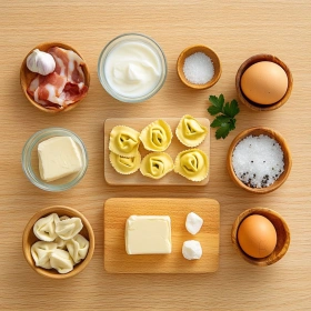 Step-by-step preparation of Creamy Tortellini Carbonara Delight showing ingredients and initial cooking steps