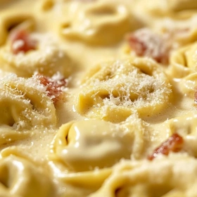 Close-up of Creamy Tortellini Carbonara Delight showing texture, layers, and glossy finish