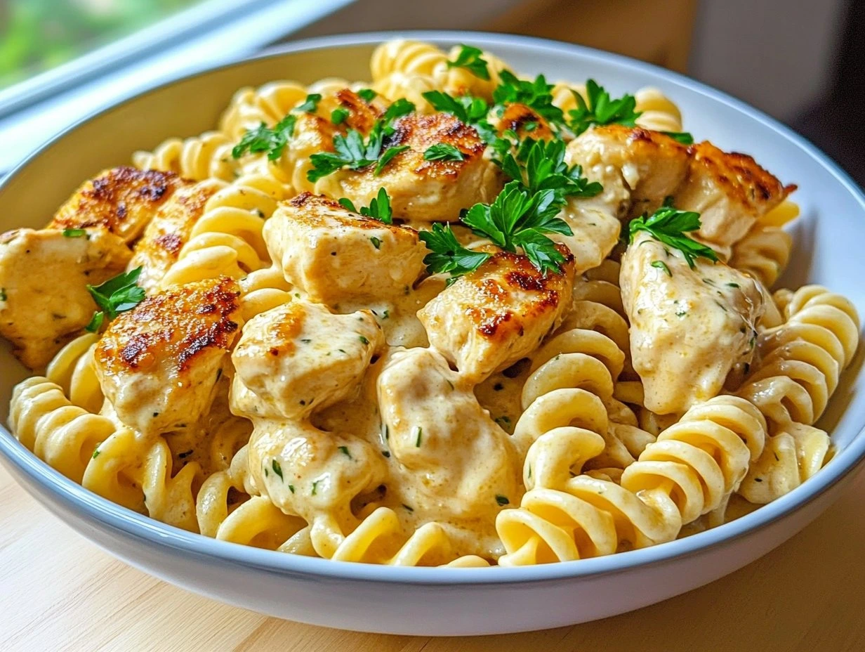 Perfectly cooked Creamy Garlic Parmesan Chicken Pasta served and ready to eat - final result