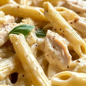 Close-up of Romantic Marry Me Chicken Pasta showing texture, layers, and glossy finish