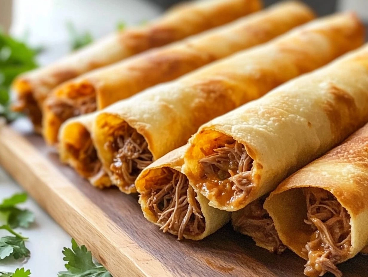 Perfectly cooked Crispy Pulled Pork Taquitos served and ready to eat - final result