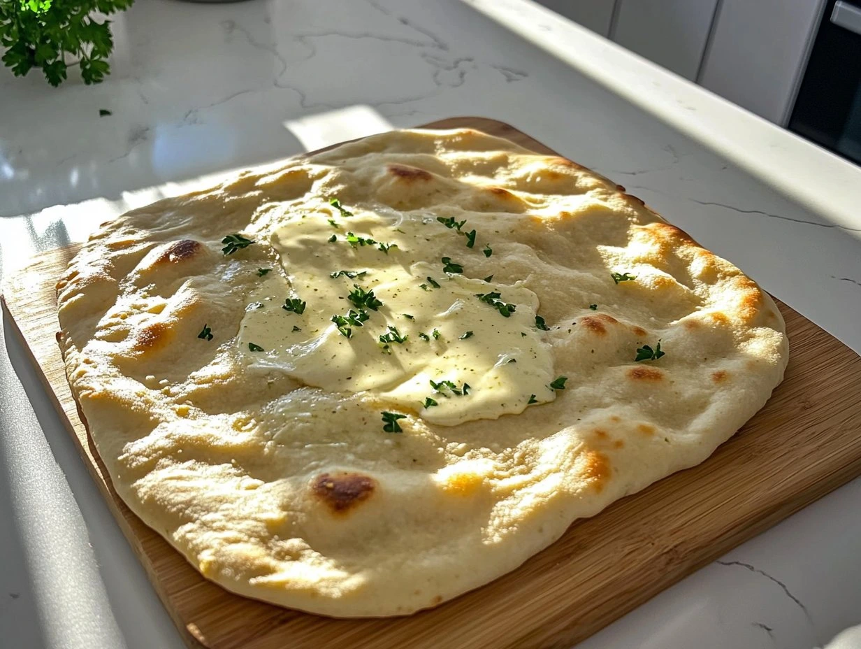 Perfectly cooked Air Fryer Garlic Butter Flatbread served and ready to eat - final result