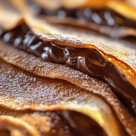 Close-up of Decadent Chocolate-Filled Crepes showing texture, layers, and glossy finish