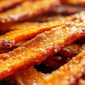 Close-up of Crispy Air Fryer Carrot Bacon showing texture, layers, and glossy finish