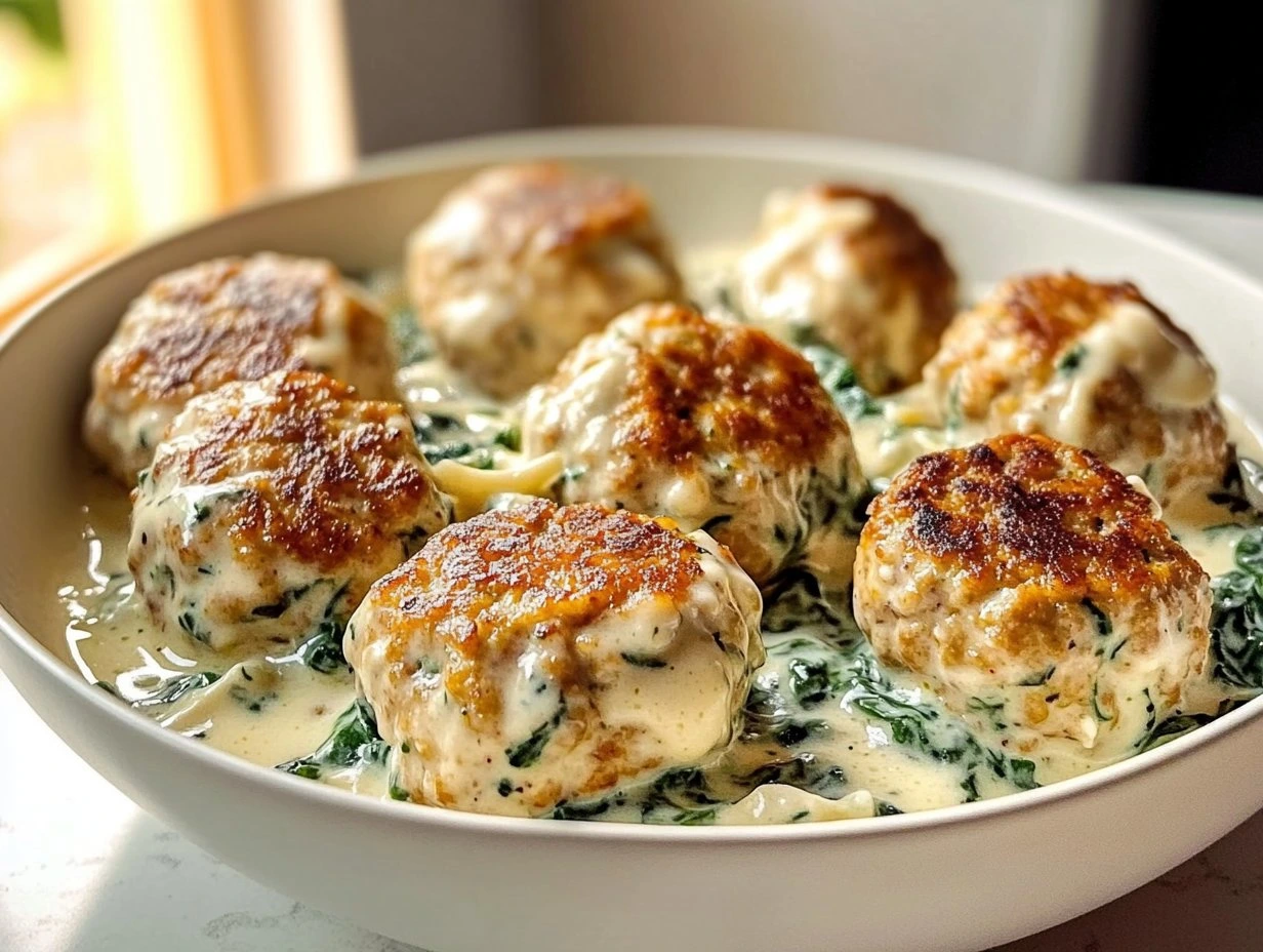 Chicken Ricotta Meatballs in Spinach Alfredo