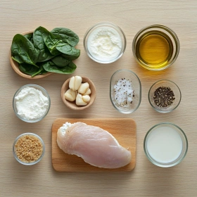 Step-by-step preparation of Chicken Ricotta Meatballs in Spinach Alfredo showing ingredients and initial cooking steps