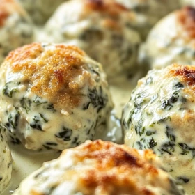 Close-up of Chicken Ricotta Meatballs in Spinach Alfredo showing texture, layers, and glossy finish