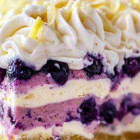 Close-up of No-Bake Blueberry Lemon Delight showing texture, layers, and glossy finish