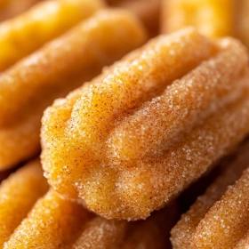 Close-up of Crispy Air Fryer Churro Bites showing texture, layers, and glossy finish