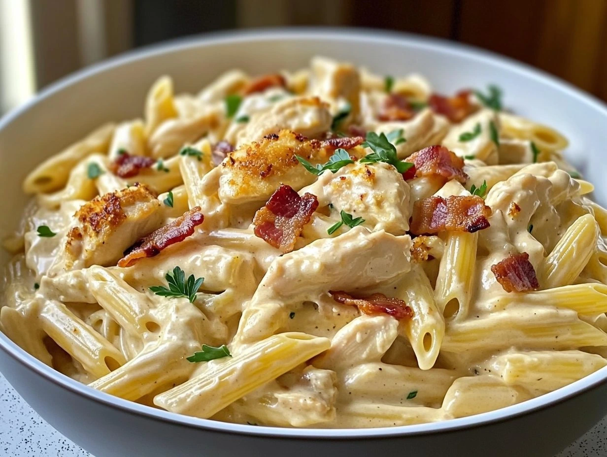 Perfectly cooked Creamy Chicken Bacon Ranch Pasta served and ready to eat - final result