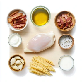 Step-by-step preparation of Creamy Chicken Bacon Ranch Pasta showing ingredients and initial cooking steps