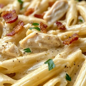 Close-up of Creamy Chicken Bacon Ranch Pasta showing texture, layers, and glossy finish