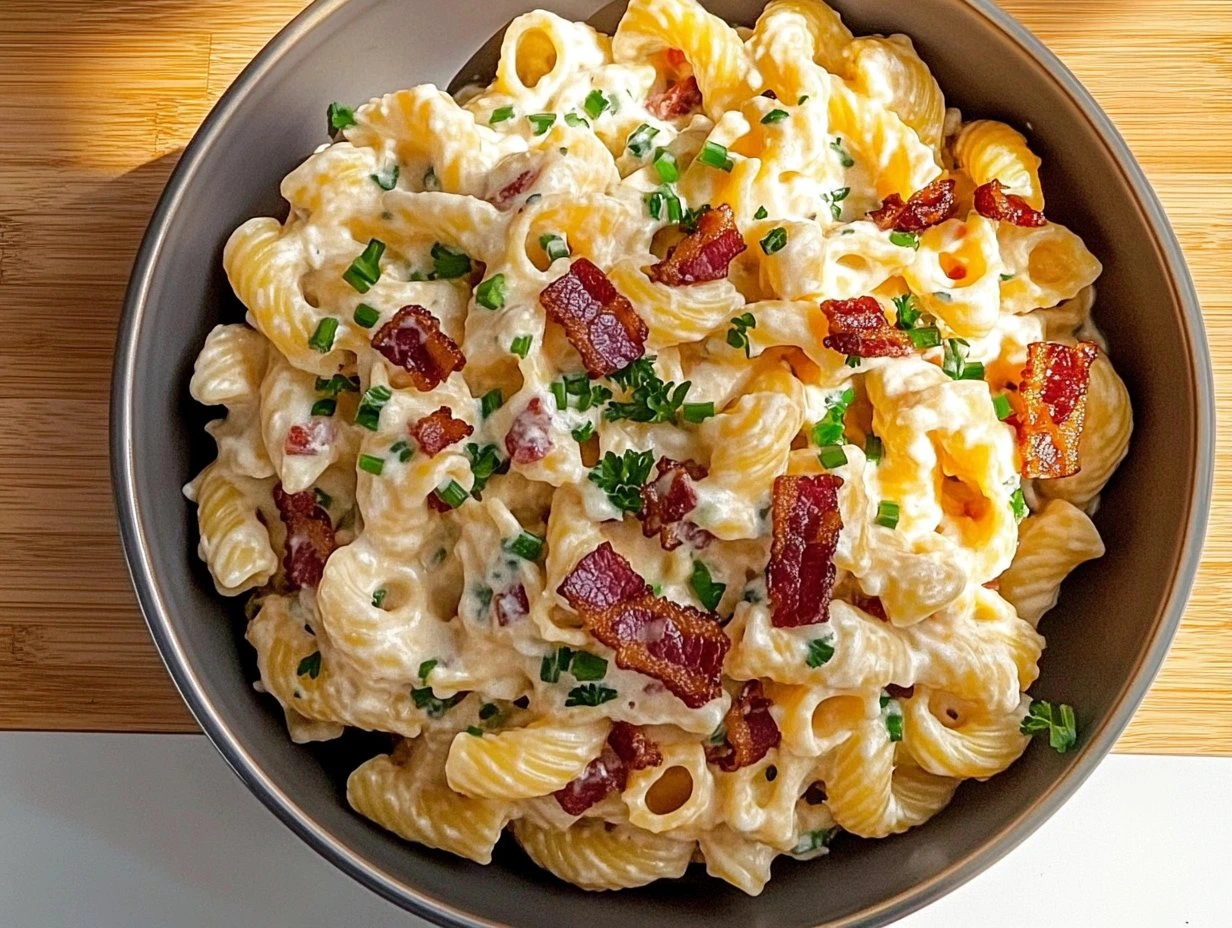Perfectly cooked Bacon Cheddar Ranch Pasta Salad served and ready to eat - final result