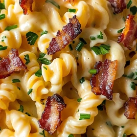 Close-up of Bacon Cheddar Ranch Pasta Salad showing texture, layers, and glossy finish