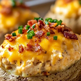 Close-up of Crack Chicken Stuffed Potatoes showing texture, layers, and glossy finish