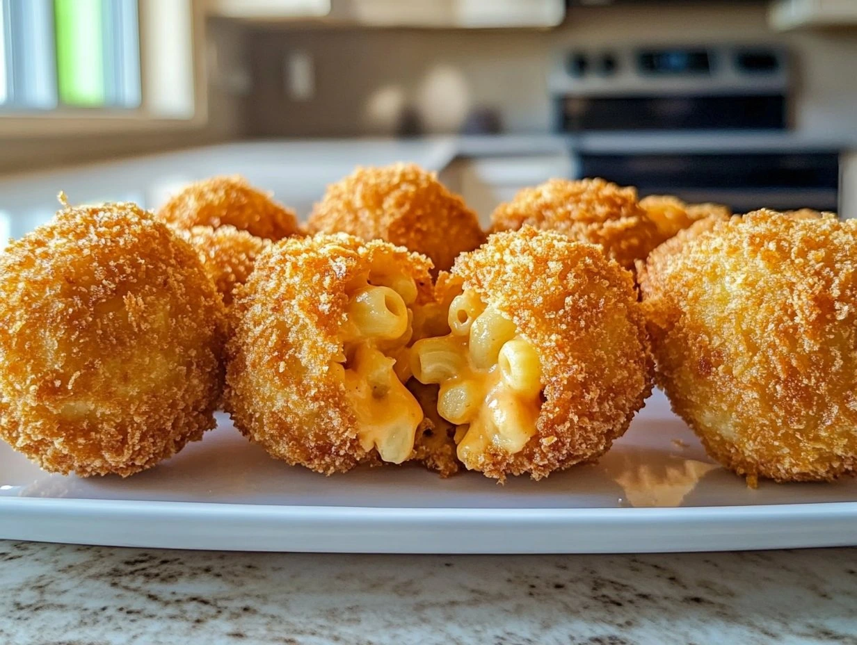 Perfectly cooked Crispy Fried Mac and Cheese Balls served and ready to eat - final result
