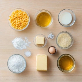 Step-by-step preparation of Crispy Fried Mac and Cheese Balls showing ingredients and initial cooking steps