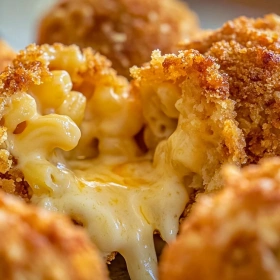 Close-up of Crispy Fried Mac and Cheese Balls showing texture, layers, and glossy finish