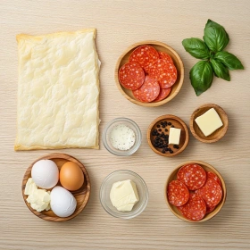 Step-by-step preparation of Savory Mozzarella Pepperoni Rolls showing ingredients and initial cooking steps