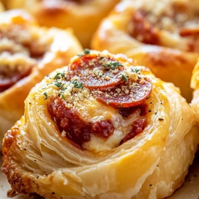 Close-up of Savory Mozzarella Pepperoni Rolls showing texture, layers, and glossy finish