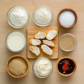Step-by-step preparation of Crispy Bang Bang Chicken Delight showing ingredients and initial cooking steps