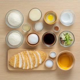Step-by-step preparation of Crispy Japanese Katsu Bowls showing ingredients and initial cooking steps