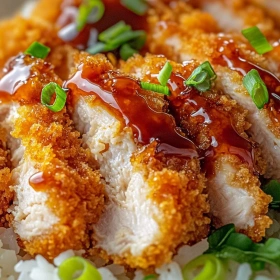 Close-up of Crispy Japanese Katsu Bowls showing texture, layers, and glossy finish